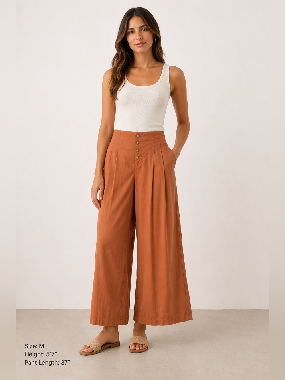 Warm Rust Hue Wide Leg Tencel Palazzo Pants Boho Minimalist Resort Lounge M